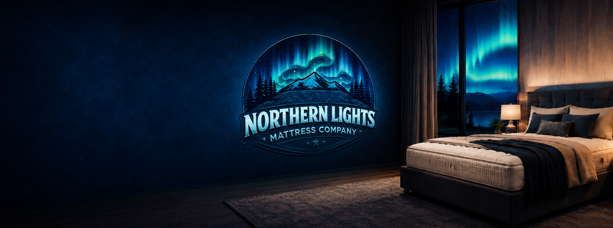 Northern Lights Mattress Company logo beside a premium bedroom